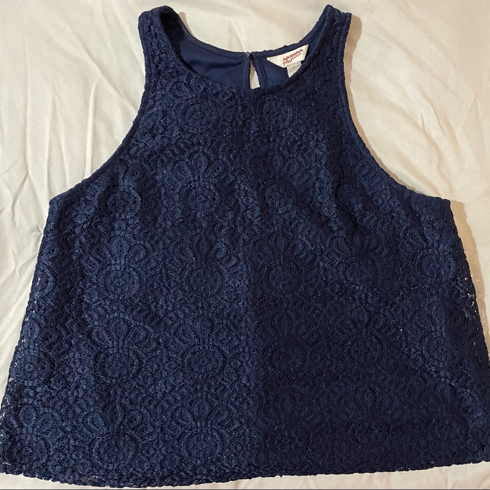 Blue lace tank top.